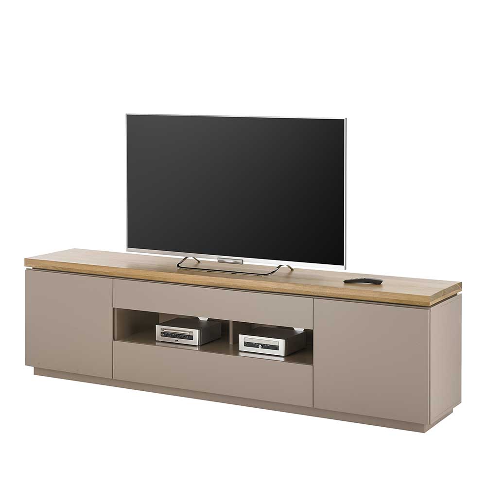 Großes TV Lowboard in Taupe mit massiver Akazienholzplatte für Wohnzimmer – Anja