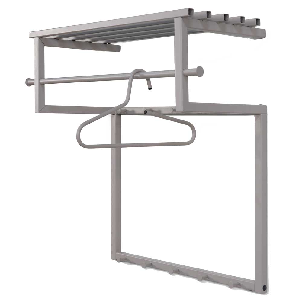 Taupefarbene Metallgarderobe mit Kleiderstange, Ablage und Haken in Schrägansicht – Solca