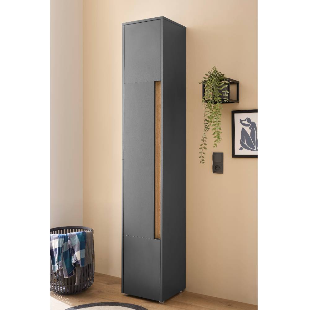 Schmaler Bad Hochschrank in Anthrazit und Holzoptik – Ahilav