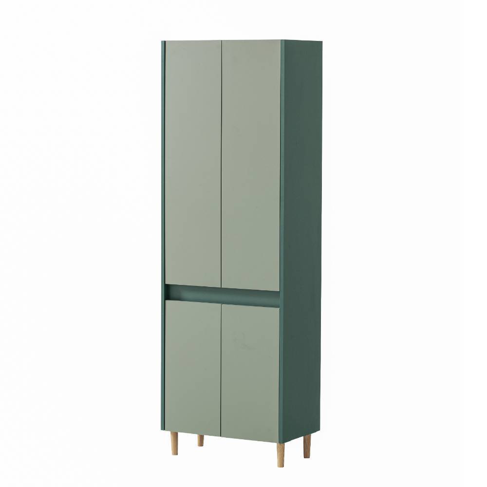Eleganter Badschrank in Dunkelgrün mit geschlossenen graugrünen Türen und schlanken Holzfüßen – Lictona