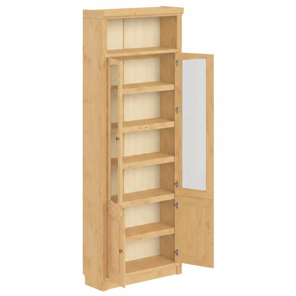 Landhaus Vitrinenschrank aus Kiefer Massivholz mit geöffneter Tür und Holzregalböden – Snog
