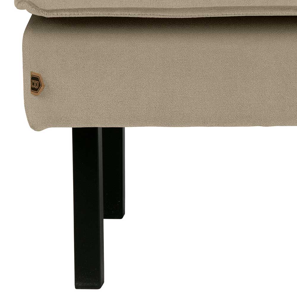 Polsterhocker in Khaki Samt mit schwarzem Metallfuß und Markenlabel – Afeiro