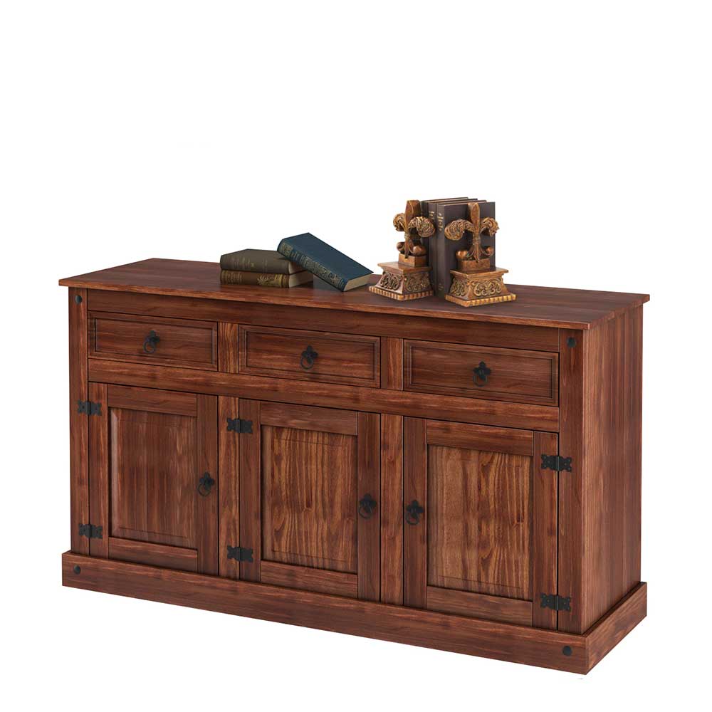 Geräumiges Sideboard aus dunkler Kiefer mit drei Schubladen und vier Türen – Matthew