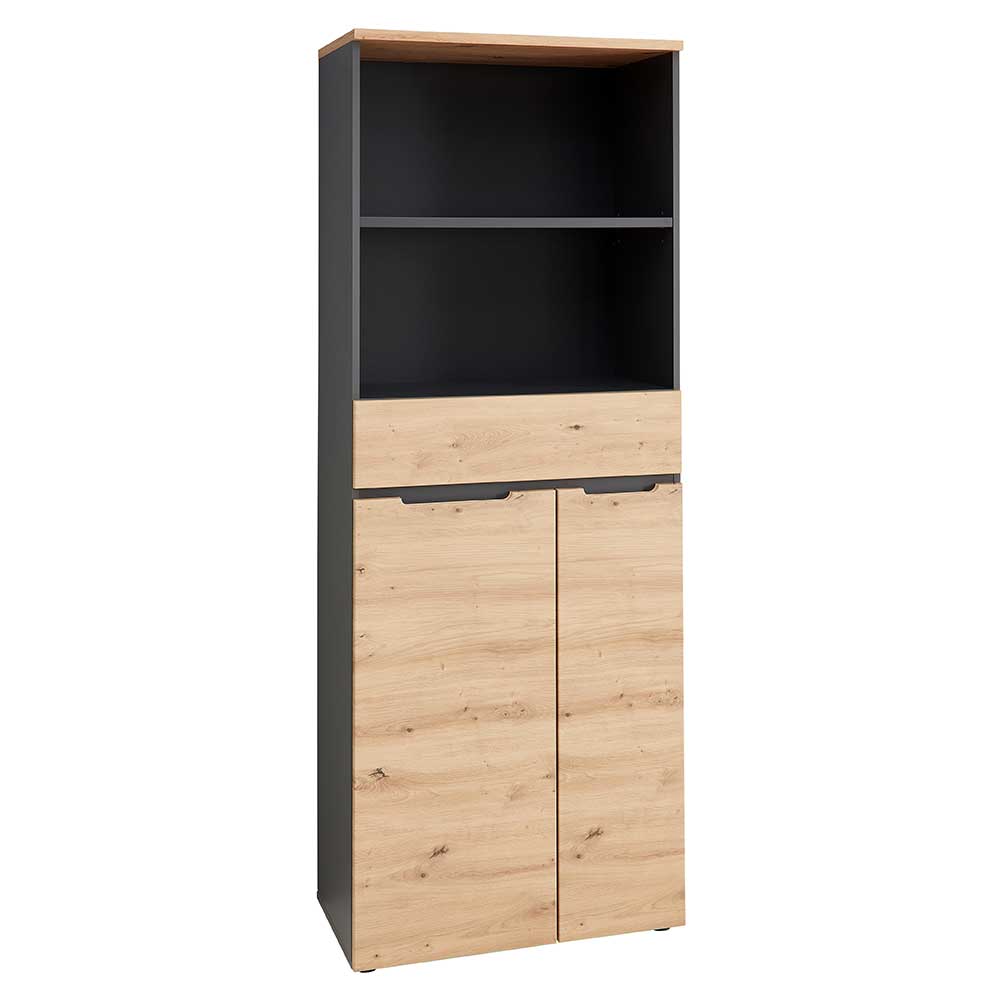 Büroschrank Kuetra mit zwei offenen Fächern, geschlossener Schublade und zwei geschlossenen Türen in Grau und Holzoptik – Kuetra