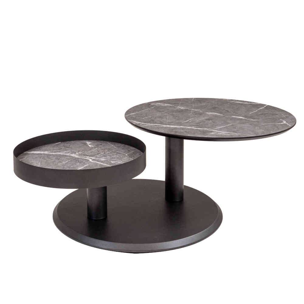 Flexibler Couchtisch mit zwei weit ausgedrehten Platten in grauer Marmoroptik – Lachea