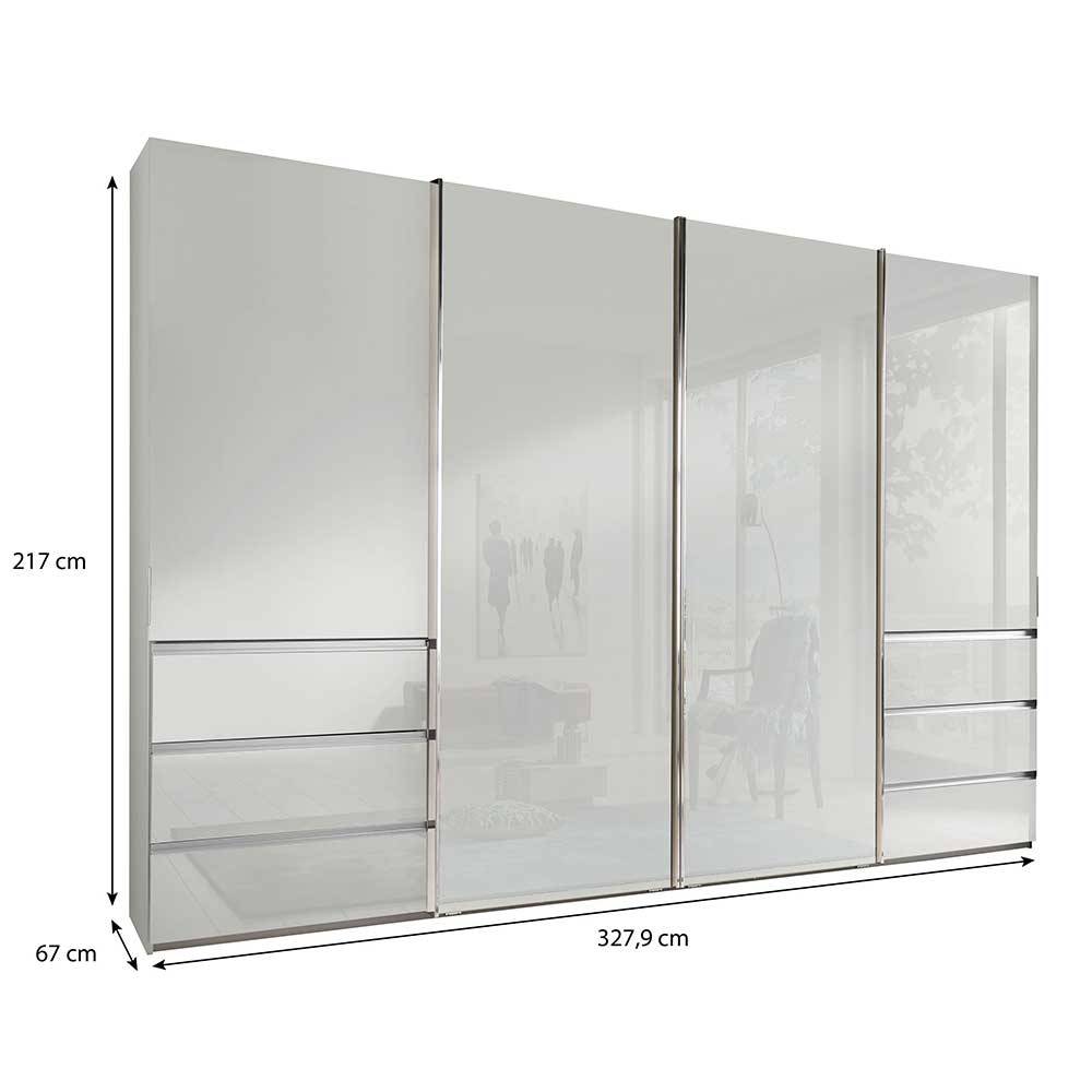 Weißer 4-türiger Schwebetürenschrank mit detaillierten Maßen und Abmessungen – Highlamp