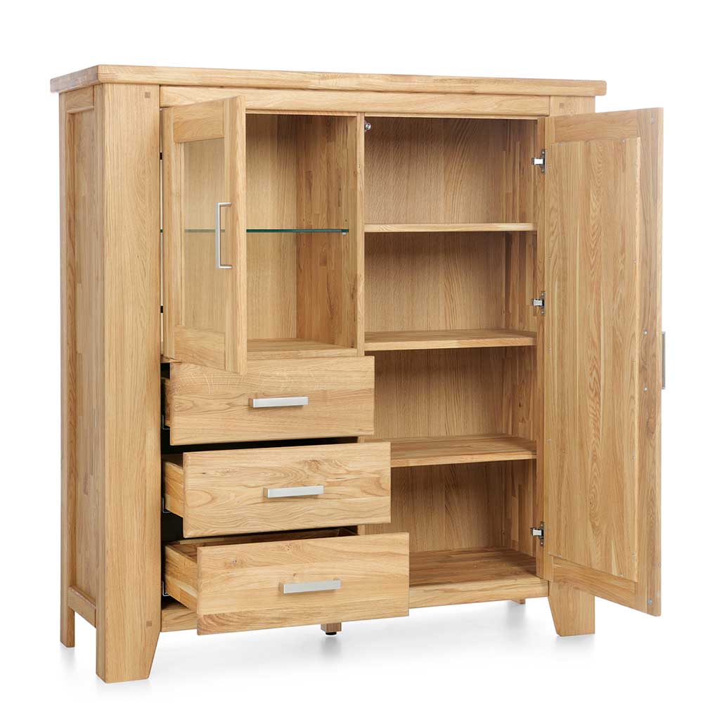 Offenes Eiche Highboard mit Glastür und Holztür, sichtbaren Einlegeböden und ausziehbaren Schubladen – Miarizia