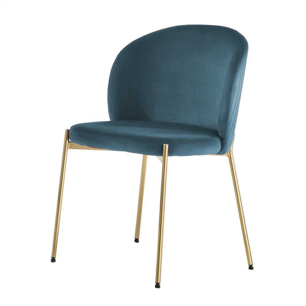 Eleganter Esszimmerstuhl in Petrol Blau Samt mit goldenen Metallbeinen im praktischen 4er Set – Andrac