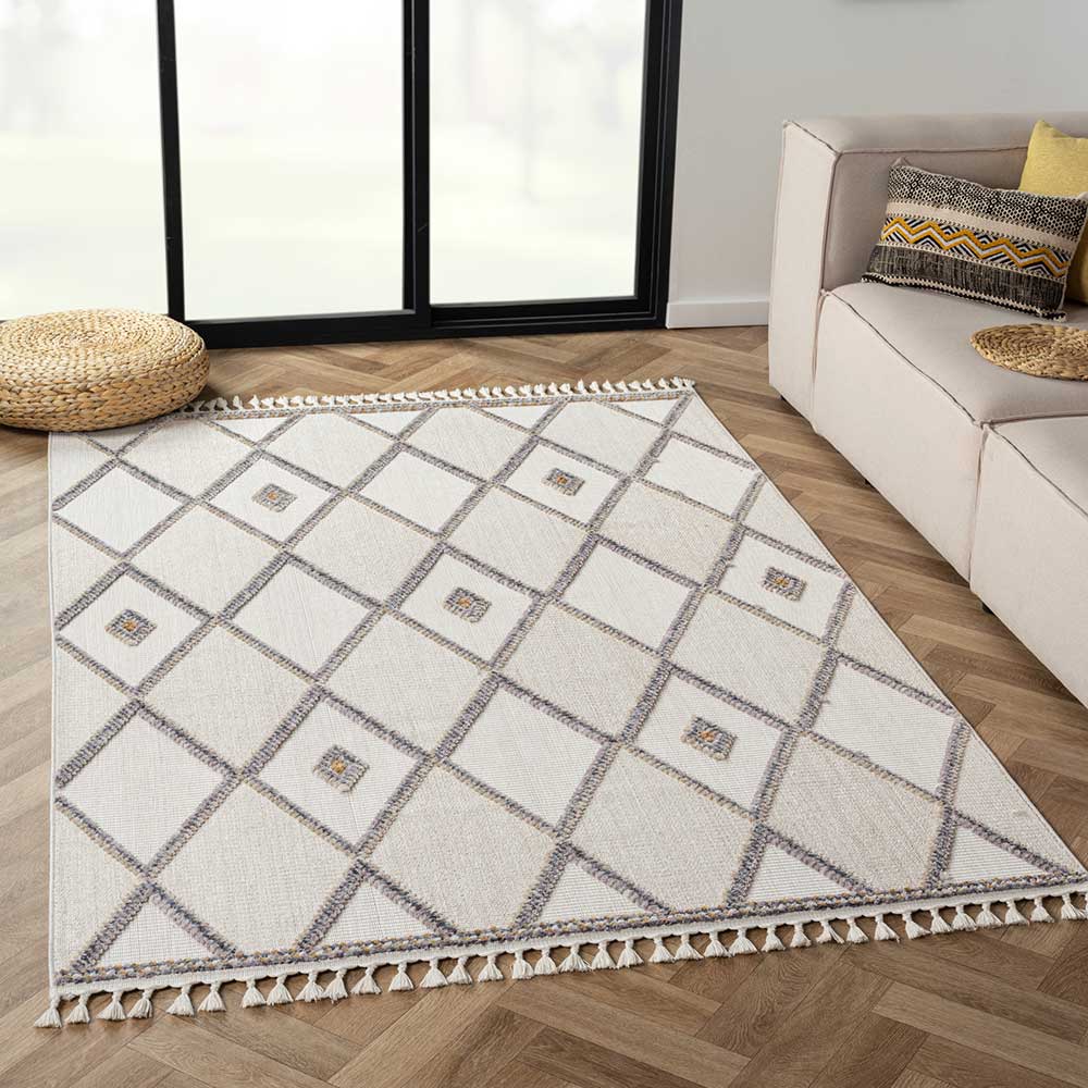 Teppich mit Rauten Muster in Beige und Weiß - Nikolan