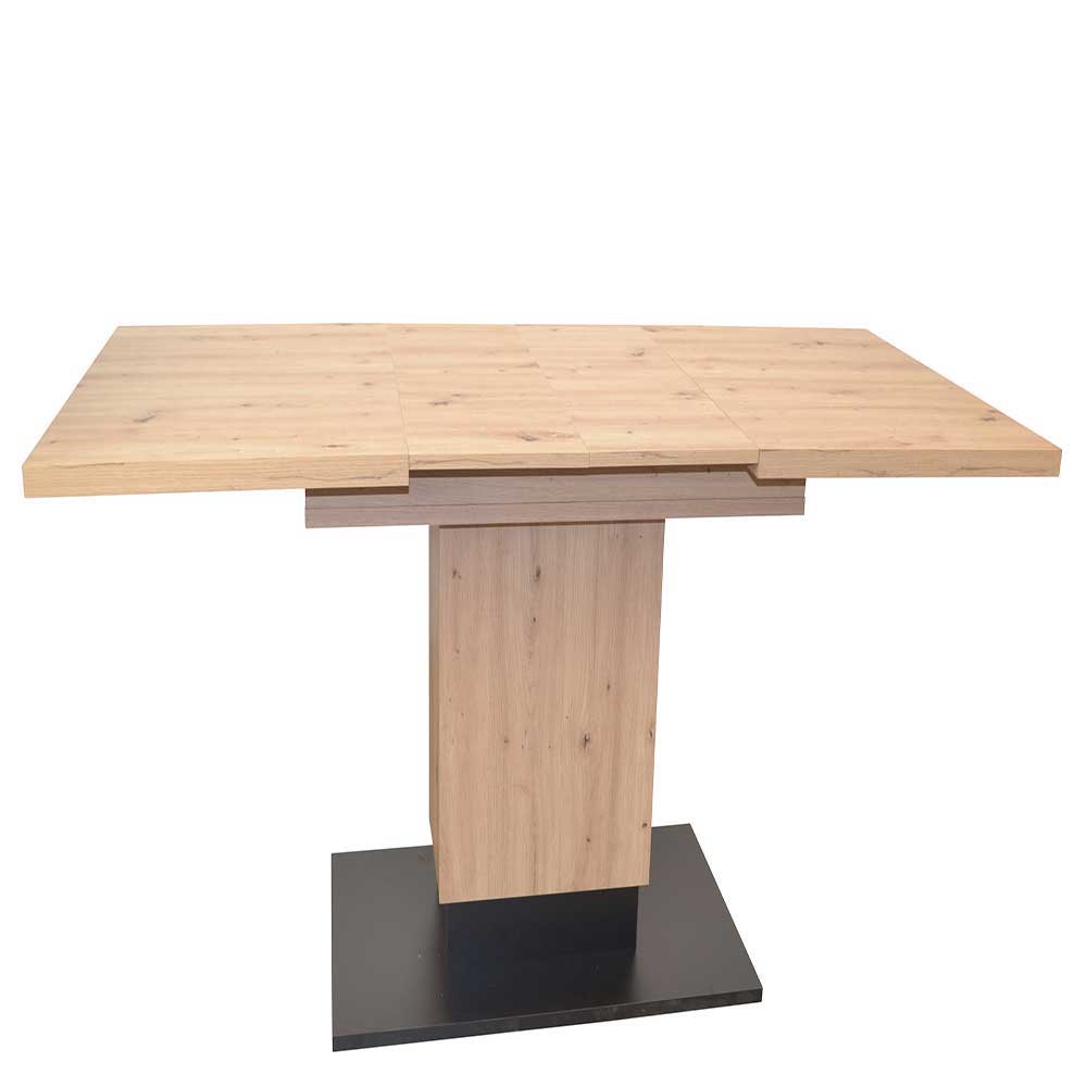 Ausziehtisch im Holznachbildung-Design mit Säulenfuß und schwarzer Bodenplatte – Glade