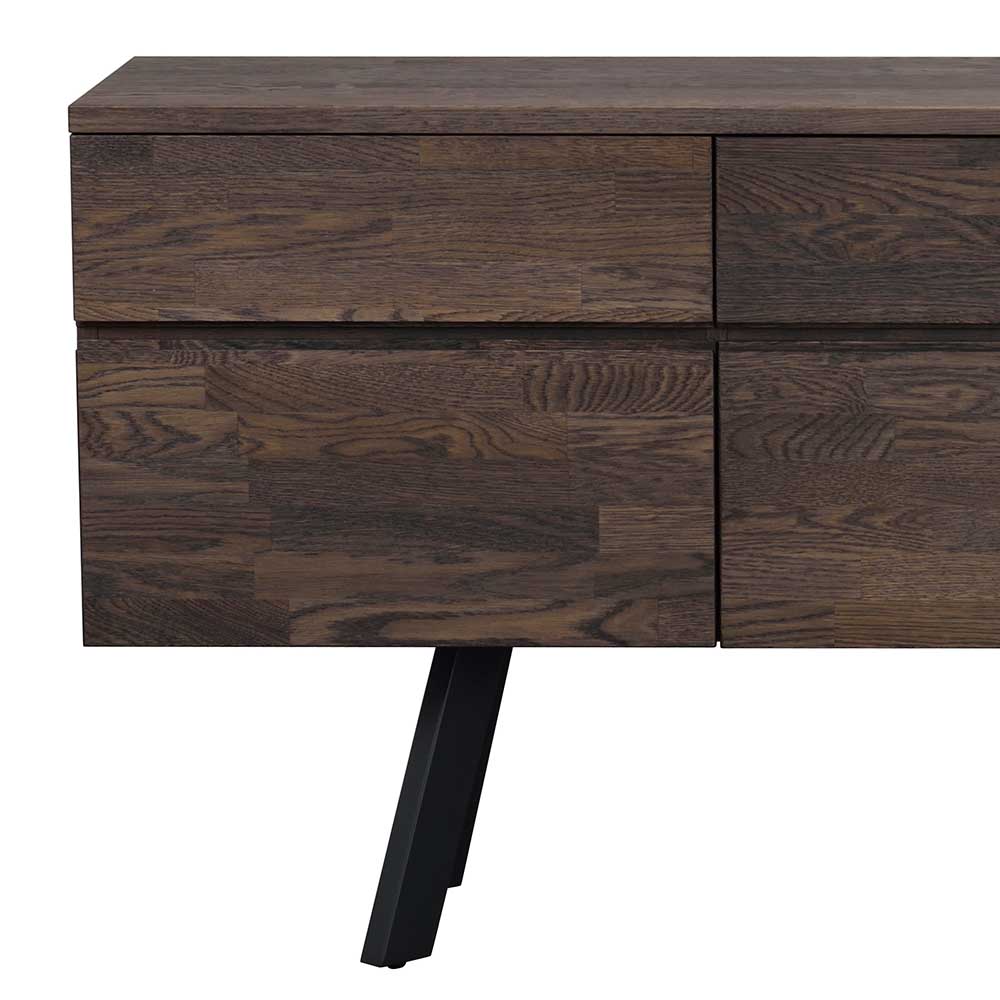 Detailansicht der massiven Eichenholzfront des Sideboards in Rauchfarben mit schwarzem Metallfuß – Namac