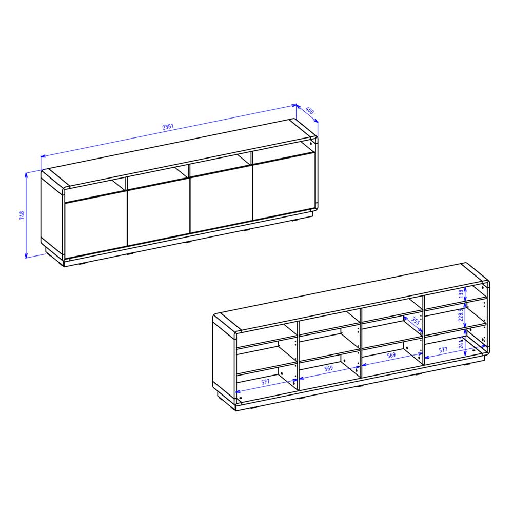238x75x40 Sideboard mit Türen & Fächern - Ilunas