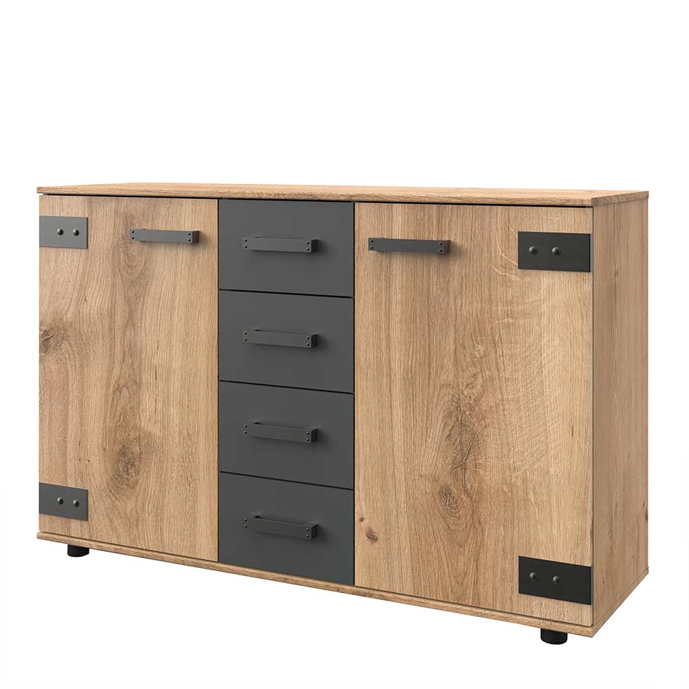 130 cm breites Sideboard aus Plankeneiche NB mit grauen Schubladen und Türen – Enegal