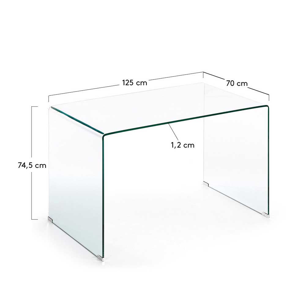 Maße und Abmessungen des klaren Glas Schreibtisches 125x70x74,5 cm – Fire