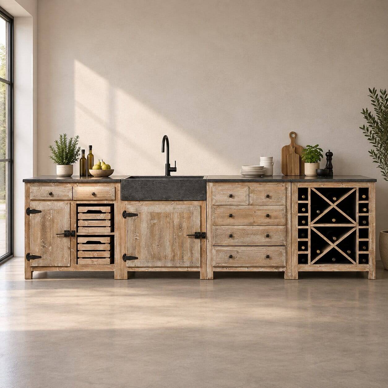 Rustikale Küchenzeile aus Recyclingholz Pinie Ashvills & Naturstein (vierteilig)
