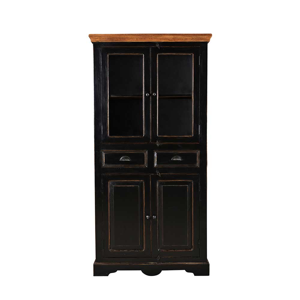 Schwarzer Vitrinenschrank mit Glastüren, Schubladen und natürlicher Holzplatte – Sentiments