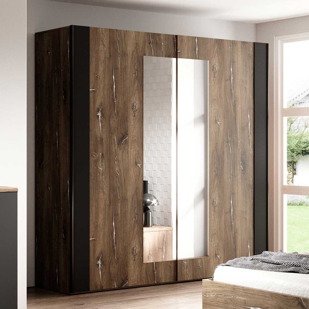 Großer Schwebetürenschrank in dunkler Holzoptik mit zwei Spiegeltüren und schwarzen Akzenten – Rose