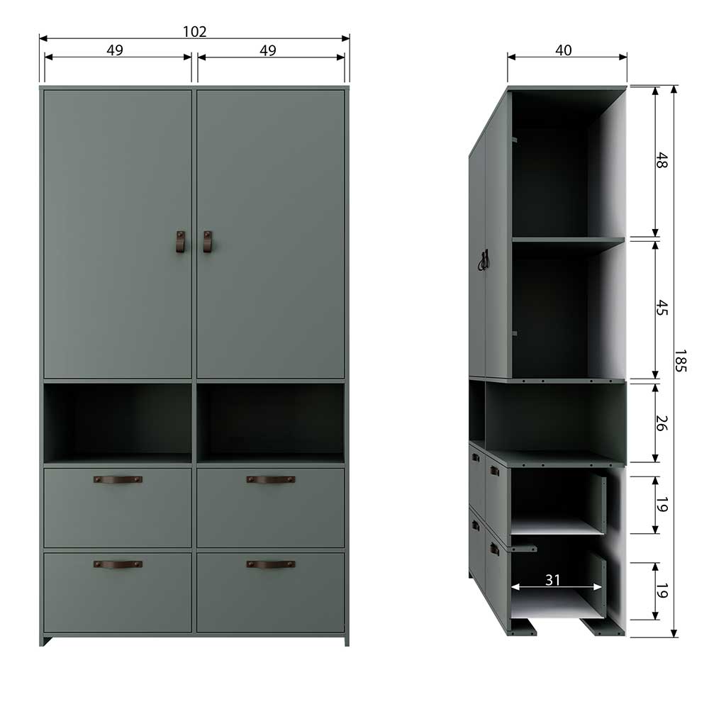 103x185x40 Jugendzimmer Schrank in Graugrün - Daraon