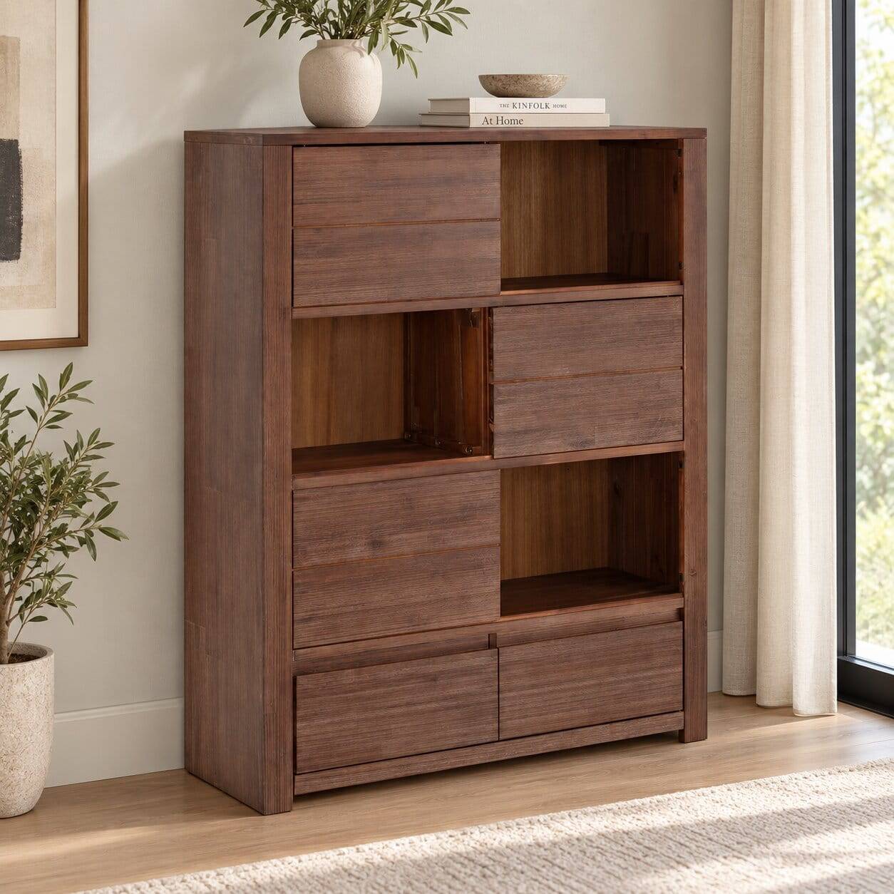 Braunes Akazie Highboard mit 3 Schiebetüren - Ruffes