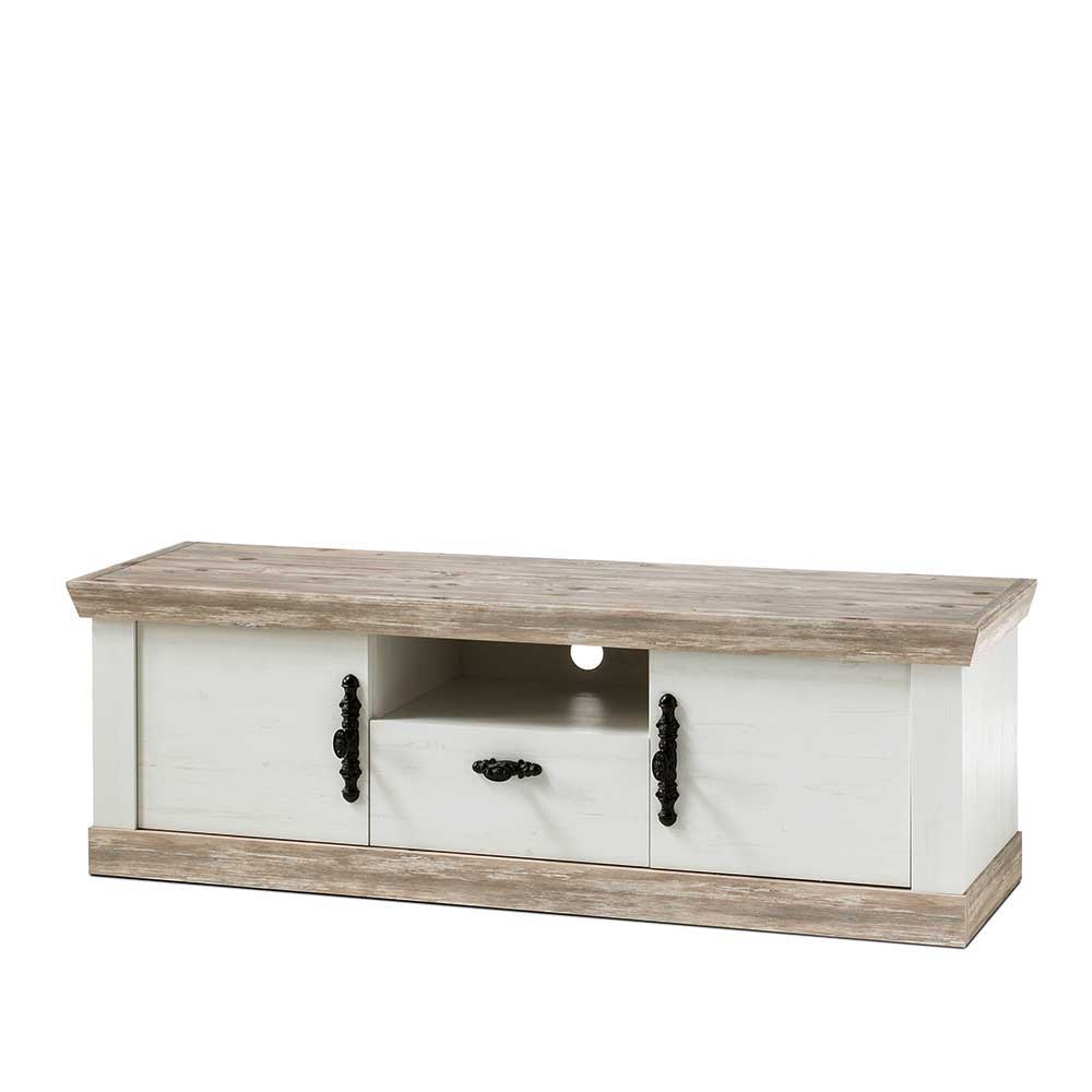 Landhaus TV Board in Weiß & Pinie Shabby Nedita 156 cm breit