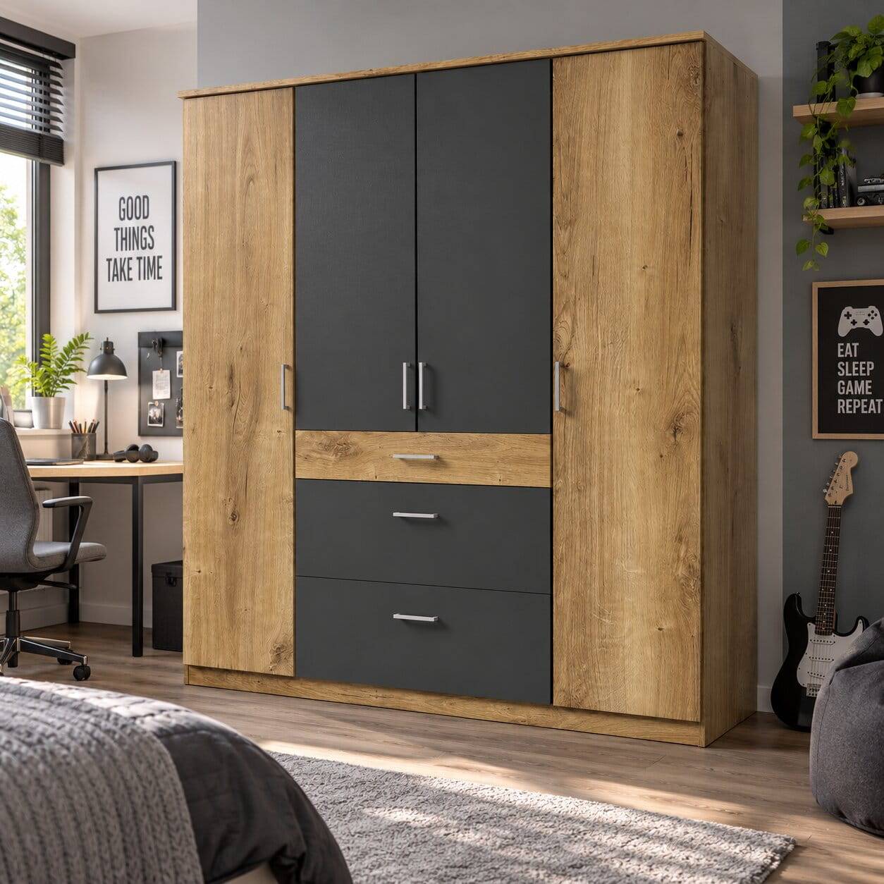 Schlafzimmerschrank in Plankeneiche Dekor - Leviza