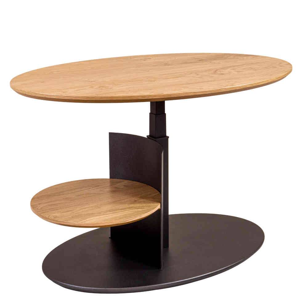 Höhenverstellbarer Wohnzimmertisch mit ovaler Holzplatte und dunklem Metallgestell, moderne Optik – Hiltona