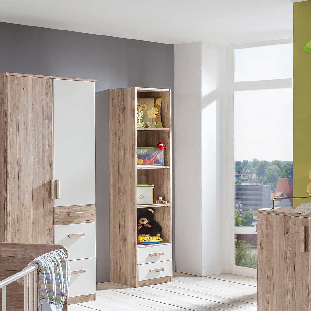 Schmales Kinderregal in Eiche Optik und Weiß mit offenen Fächern und zwei Schubladen – Folio