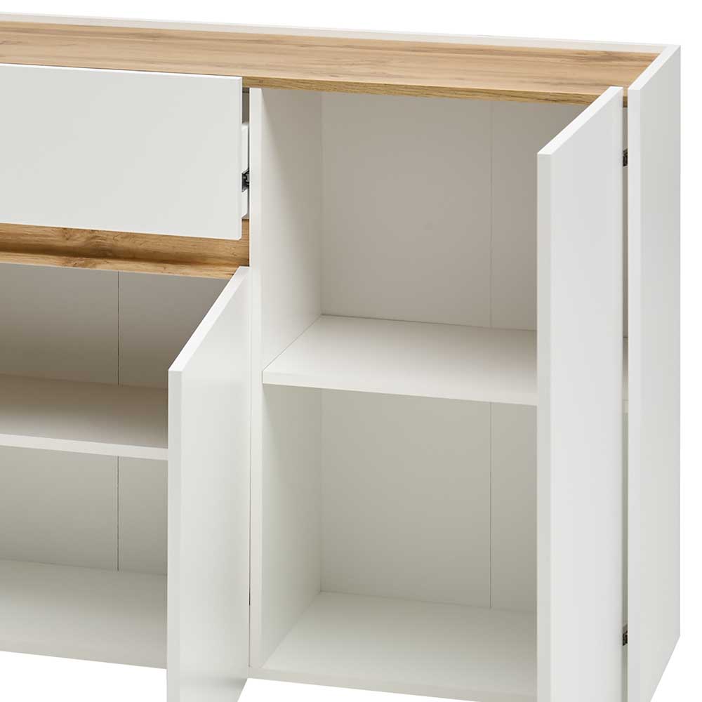 Detaillierte Ansicht des offenen Sideboards mit Fächern und einer ausziehbaren Schublade – Nonessia