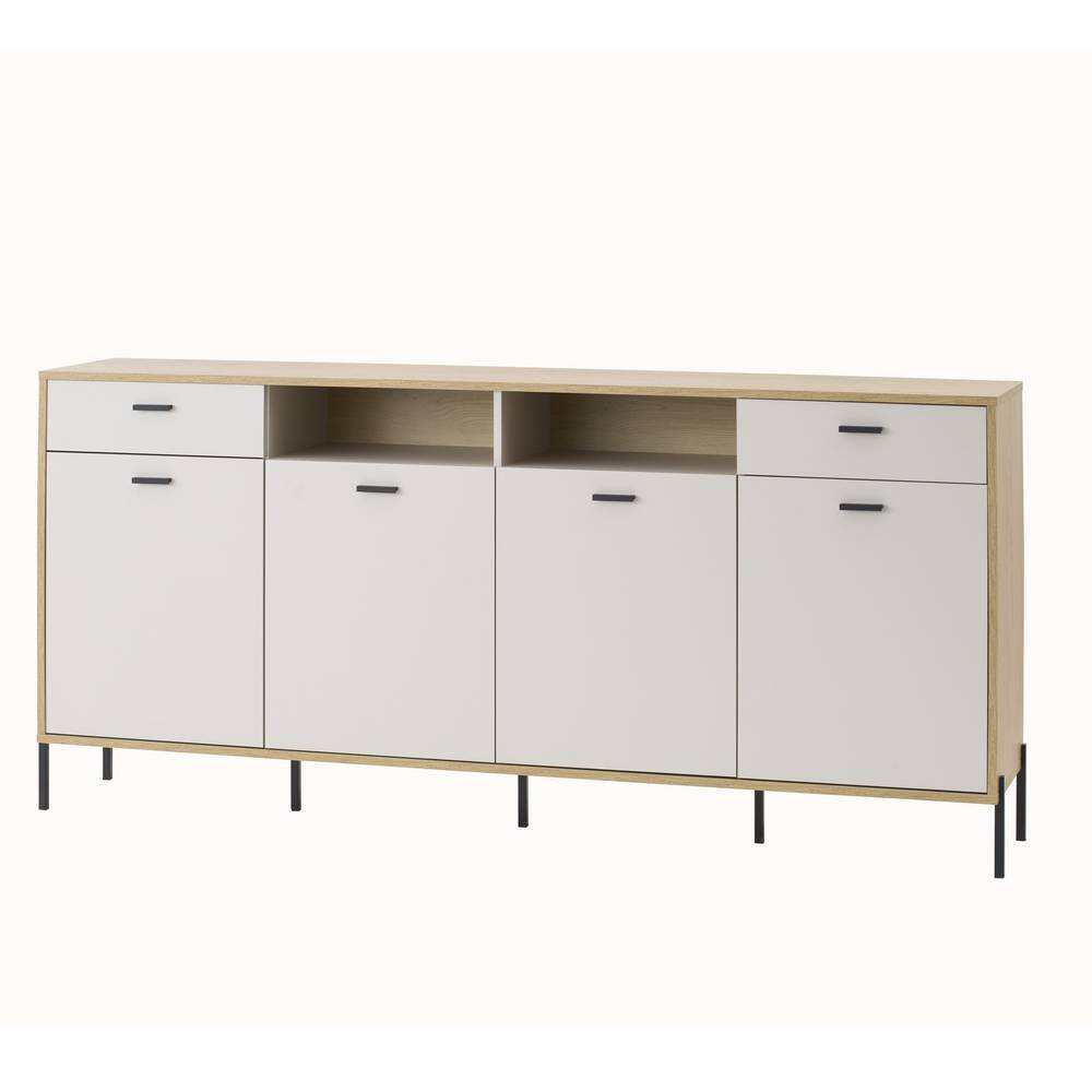 Elegantes 205cm breites Sideboard in Beige mit vier Türen, zwei Schubladen und offenen Fächern – Dasanti