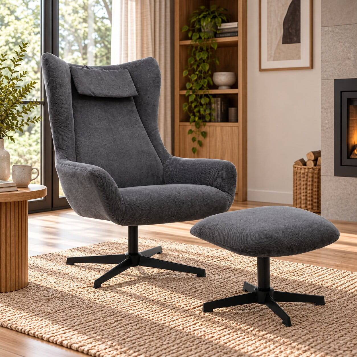 Cordsessel mit Fußhocker im Set - Esmeraldu (zweiteilig)