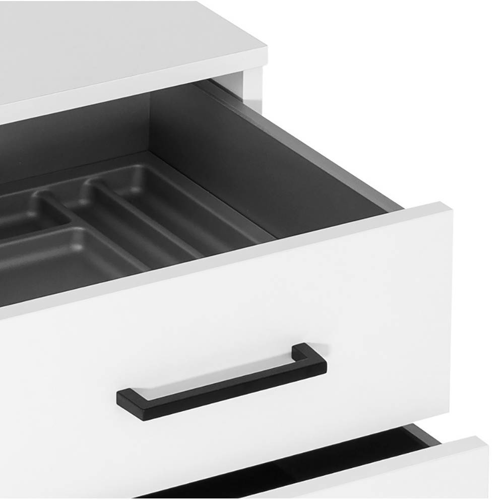 Detailansicht der oberen Schublade des mattweißen Rollcontainers mit Organizer – Ebru