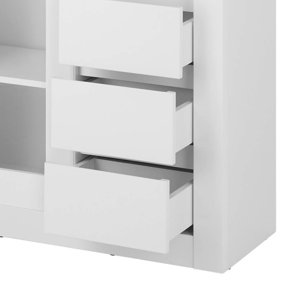 Weiße Schubladen der Designvitrine für zusätzlichen Stauraum im Wohnzimmer – Memphys
