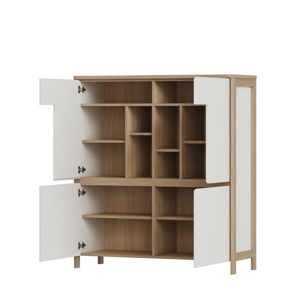 Offenes Highboard mit vielen Ablagefächern und weißen Türen, Holzoptik – Ovidio