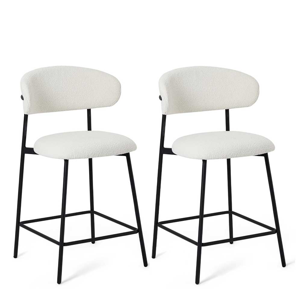 Zwei Barstühle in cremeweißem Bouclé-Stoff und schwarzem Metallgestell, 2er Set – Bean