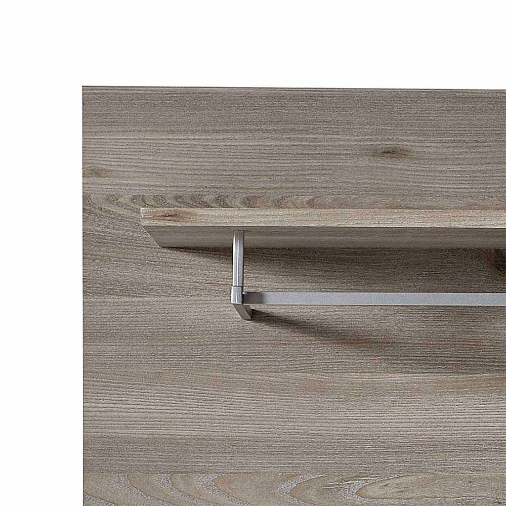 Garderobenpaneel Detail mit silberner Ablage und integrierter Kleiderstange in grauer Holzoptik – Volaf