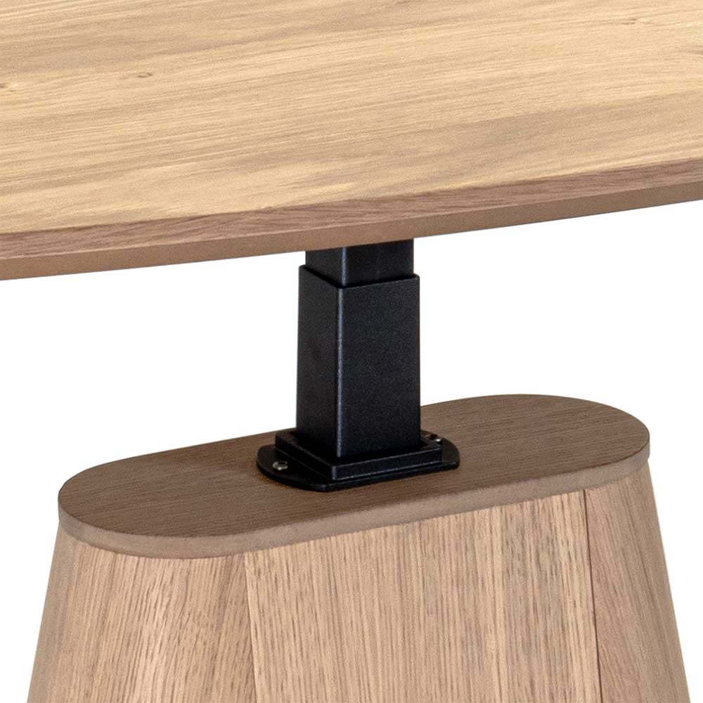 Detail der schwarzen Höhenverstellung des Couchtisches auf dem Holzsockel – Cenka