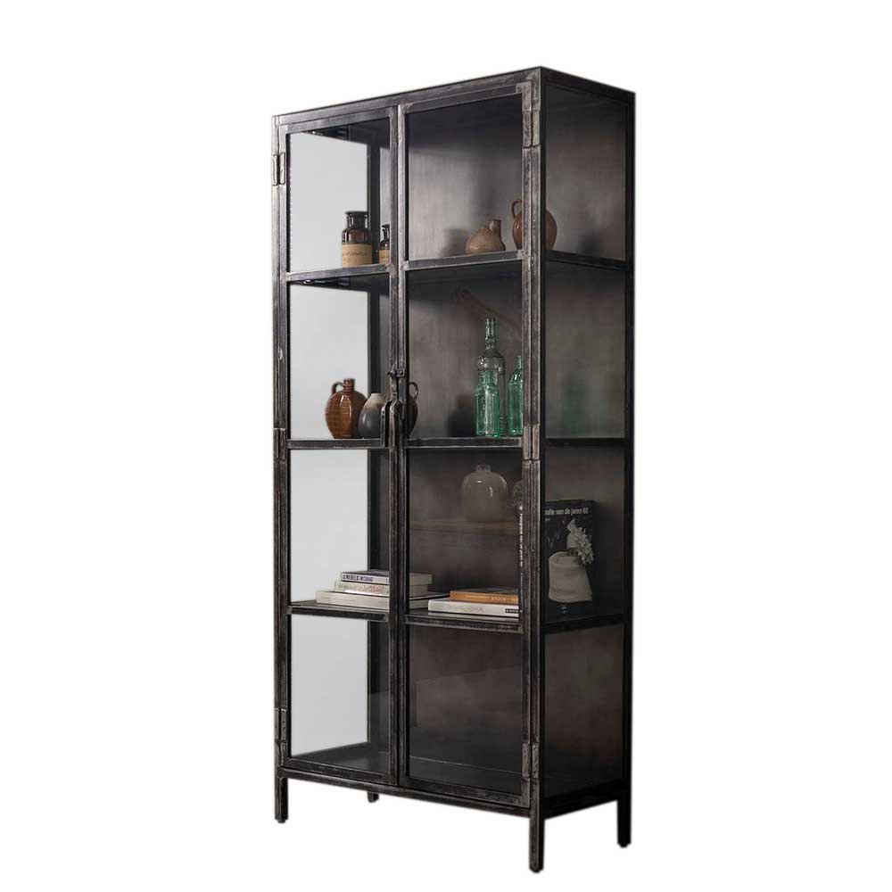 Hoher Vitrinenschrank mit Doppeltür aus Glas und dunklem Metall im Industrie Design – Barbarino