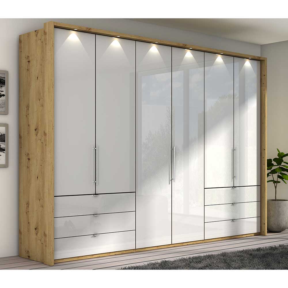 Großer Kleiderschrank in Weiß Glas und Eiche Bianco Dekor mit LED-Beleuchtung für Schlafzimmer – Nuetran