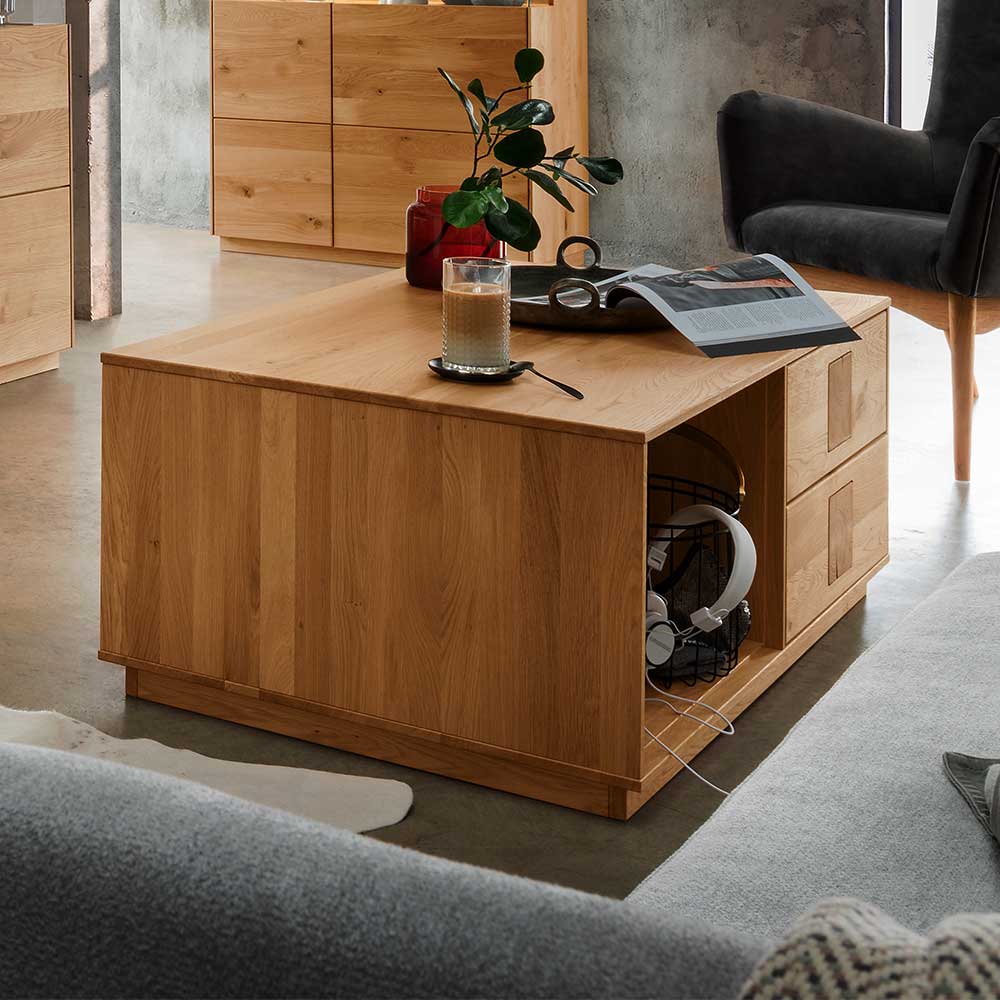 Wildeiche Couchtisch mit Stauraum - Millena