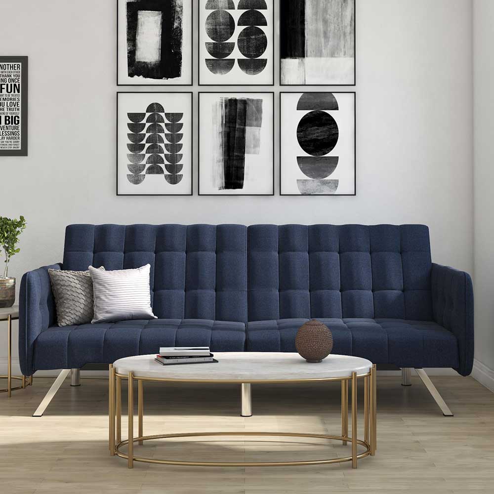 Dunkelblaues Design Schlafsofa mit Steppung und Chromfüßen im modernen Wohnzimmer – Didicto