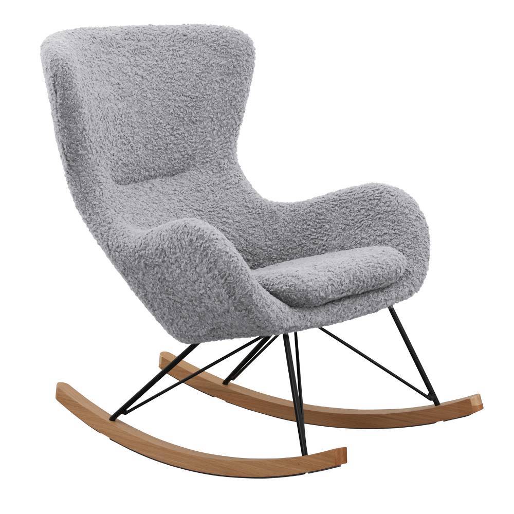 Schaukelsessel in hellgrauem Bouclé-Stoff mit modernem Design für eine gemütliche Leseecke – Vynna
