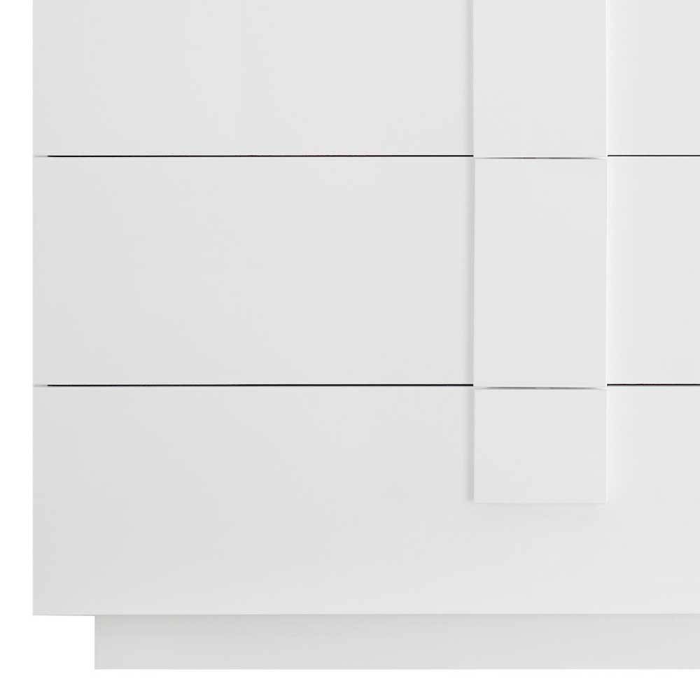 Weiße Hochglanz-Schubladen des Sideboards mit geometrischem Griffdesign – Kerym