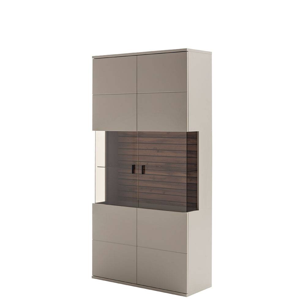 Moderne hohe Wohnzimmervitrine in Grauton mit Glastür und Holzakzenten – Teorina