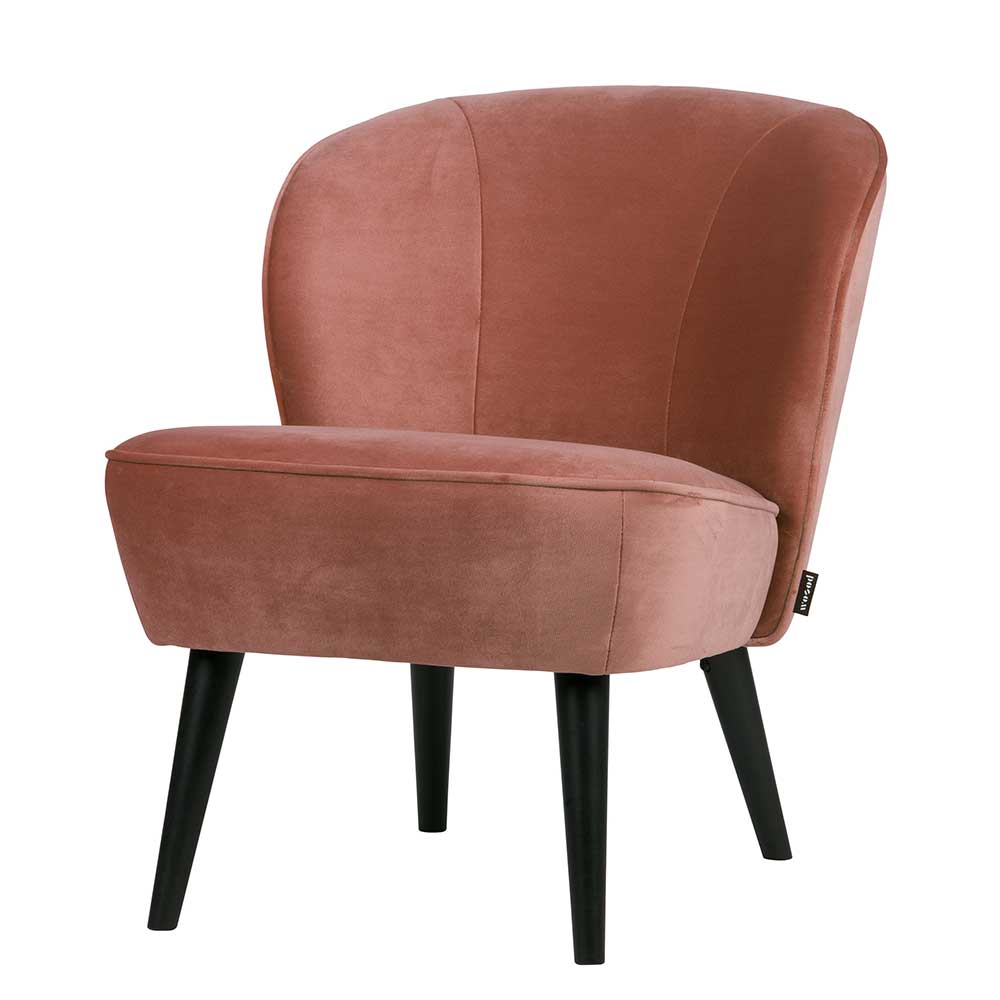 Eleganter altrosa Samtsessel in Retro-Design mit vier Holzfüßen – Ventura