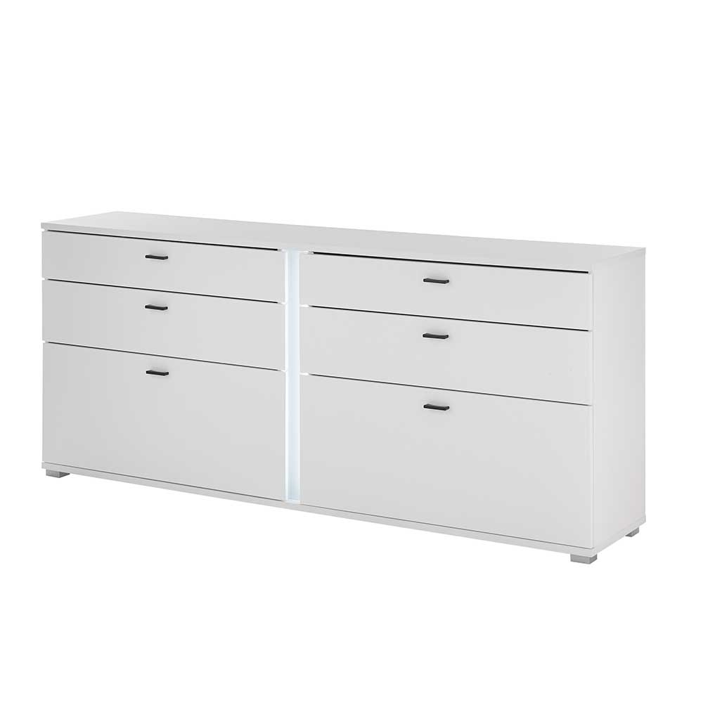 Weißes Sideboard mit vier Schubladen, zwei Klappen und vertikaler LED-Beleuchtung – Tirol