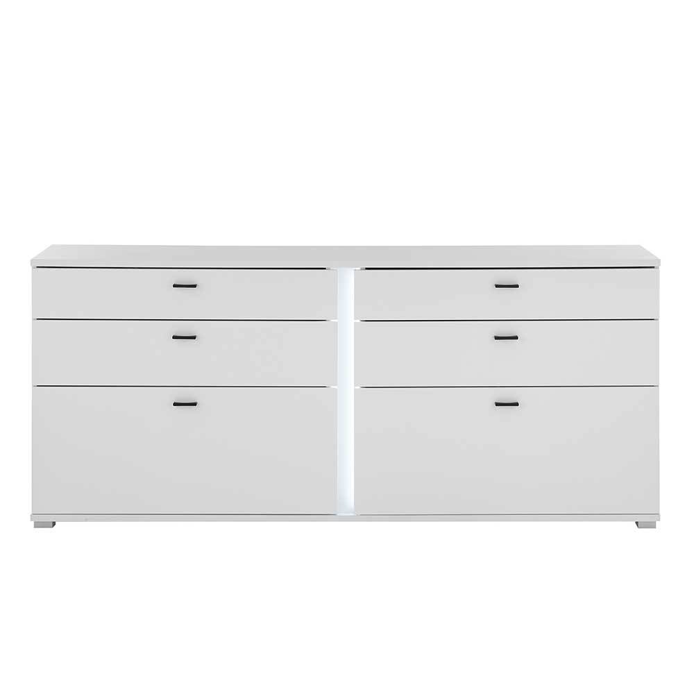 Weißes Sideboard mit vier Schubladen und zwei Klappen, mittig beleuchteter LED-Streifen – Tirol