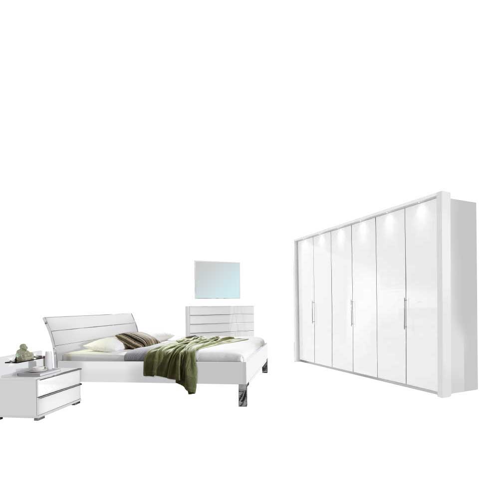 Weißes Schlafzimmer Komplettset sechsteilig mit Doppelbett, Kleiderschrank, Nachttisch und Kommode – Donpiave
