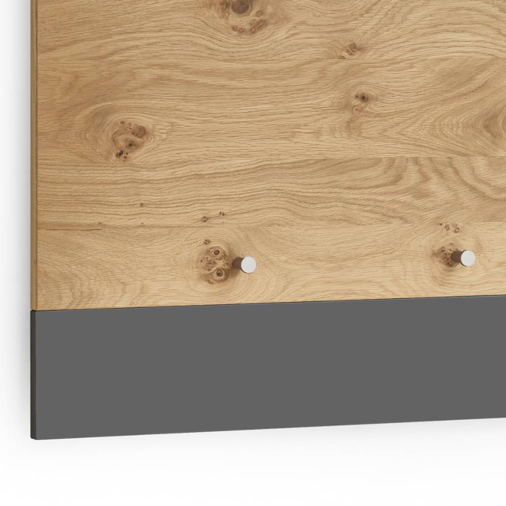 Flurgarderobe aus Eiche mit moderner grauer Blende und zwei runden Haken – Arturus