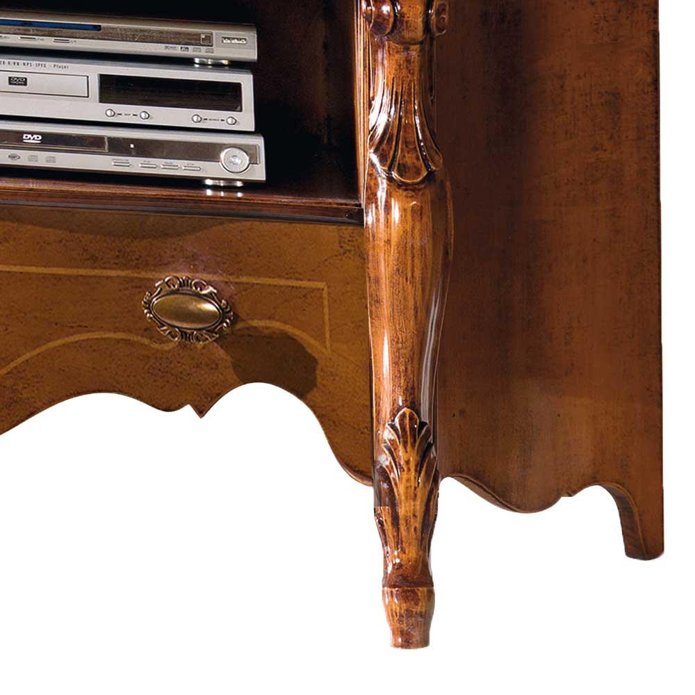 Geschnitztes Holzbein und Schublade des italienischen TV Lowboards mit Elektronikfächern – Carlenna