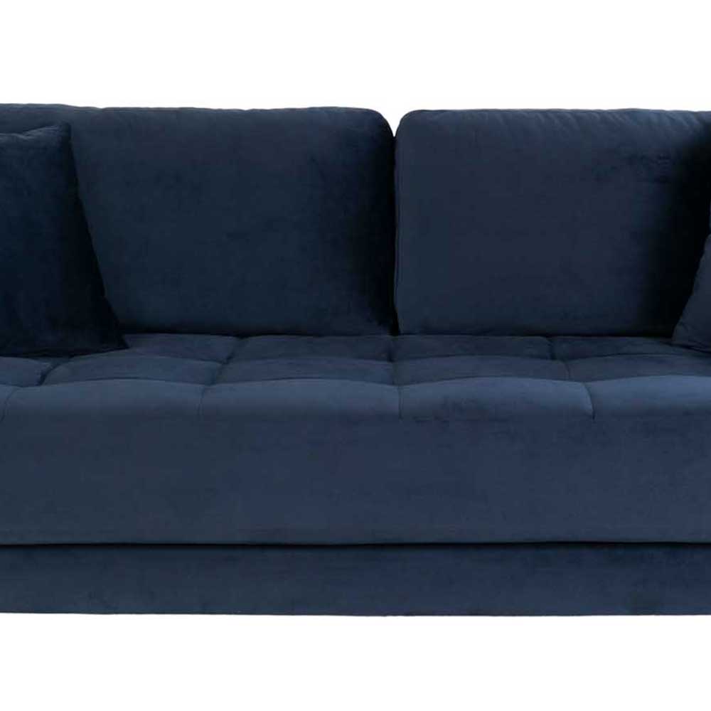 Vorderansicht der Sitzfläche der tiefblauen Samtsofa mit quadratischer Knopfheftung – Jelleva